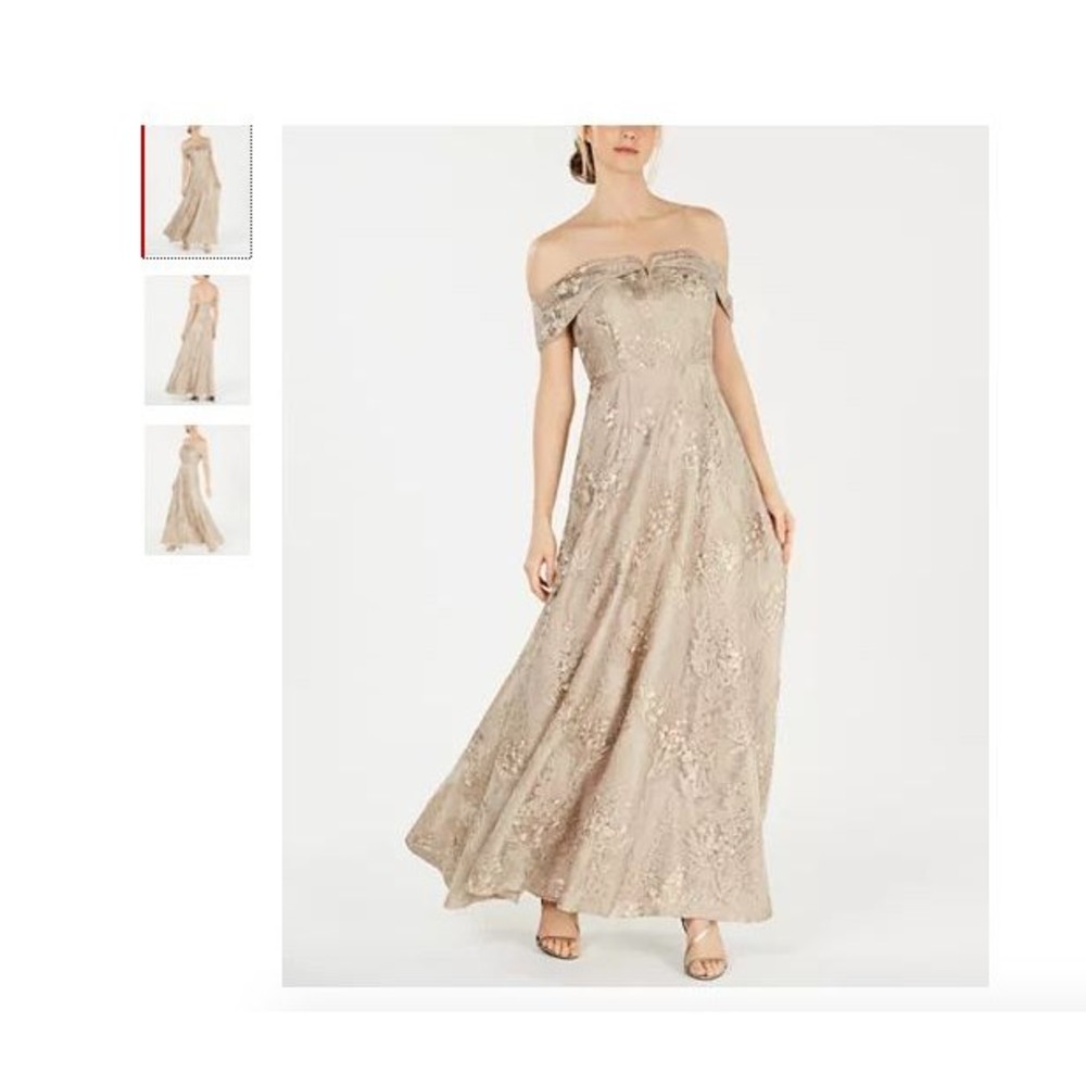 Calvin Klein Embroidered Floral Beige Gold OffShoulder Princess Gown 4 399 ga gg